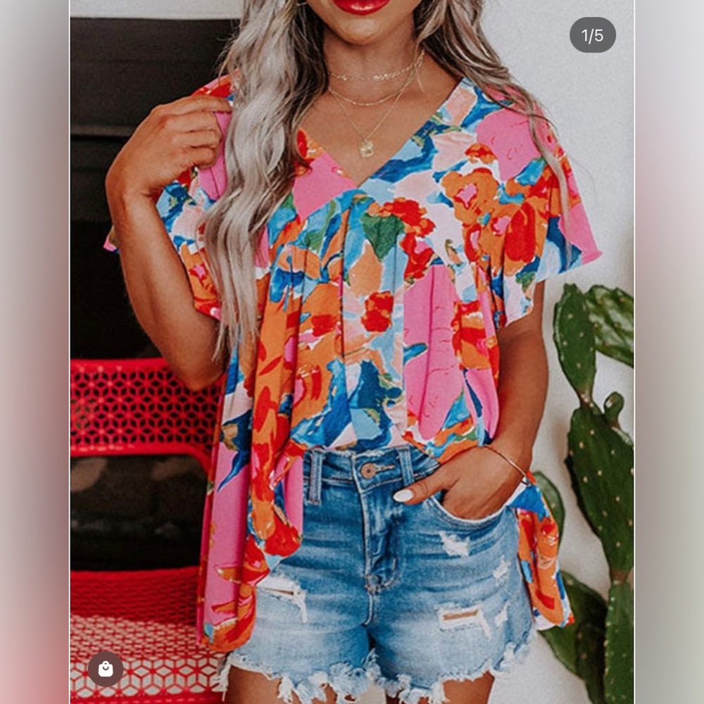 Floral V-Neck Flutter Sleeve Blouse Pink NWT XL
